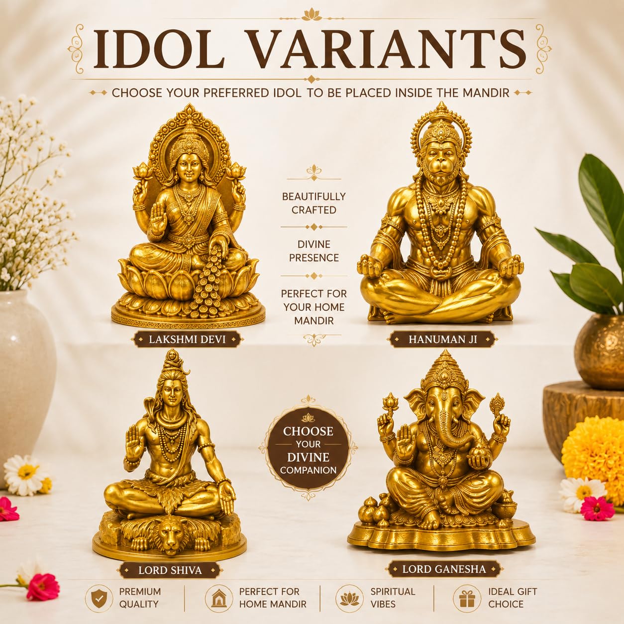 Premium Lotus Mandir for Home Decor | LED Temple | Customizable (Hanuman, Ivory, Small)