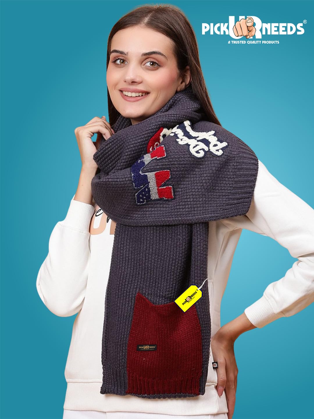 Pick Ur Needs Women Winter Woolen Muffler with Trendy Patch Design Soft Warm Knitted Scarf for Girls & Ladies Stylish Casual Mufflers (Dark Grey)