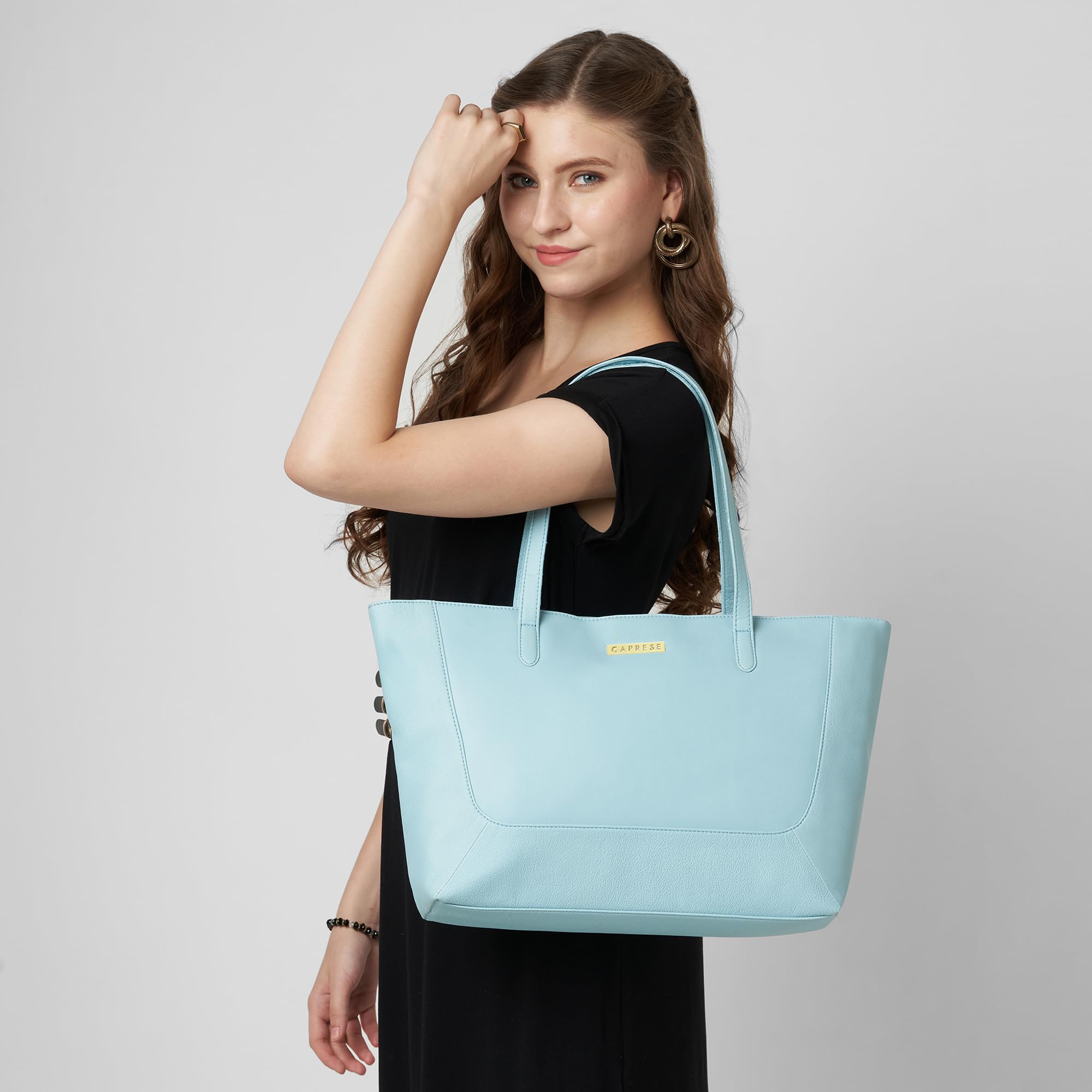 Caprese Yorkie Horizontal 14 Inch Laptop Compatible Large Tote Bag for Women | Stylish, Durable, and Spacious with Multiple Compartments, Back Zipper Pocket for Work, Travel (Powder Blue)