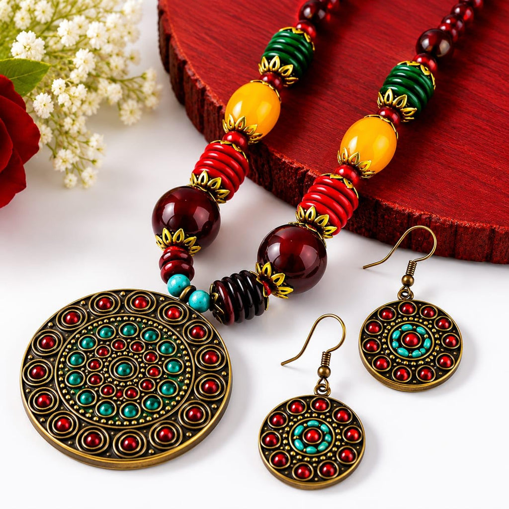 PRIMENEST Handmade Multicolor Afghani Tribal Necklace Set for Women & Girls | Antique Pendant Statement Jewelry with Earrings | Boho Ethnic Fashion Jewellery for Party, Wedding, Festival Traditional