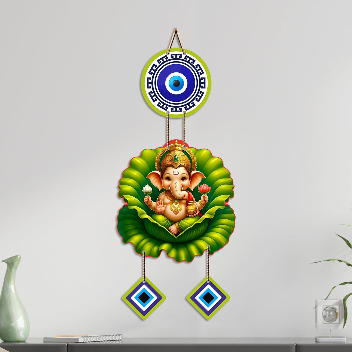 Artvibes Bal Ganesh on Lotus Leaf Evil Eye Wall Hanging for Home Decor | Nazar Protection Hanging for Entrance Living Room Temple Office | Vastu Blessings Positive Energy Decorative Gift (WH_8569N)