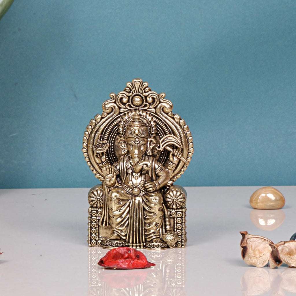 ARTVARKO Brass Ganesha Lord Ganesh Sitting on Singhasana Bhagwan Idol Ganpati Murti Statue for Home Office Entrance Decor Gift 4 Inch