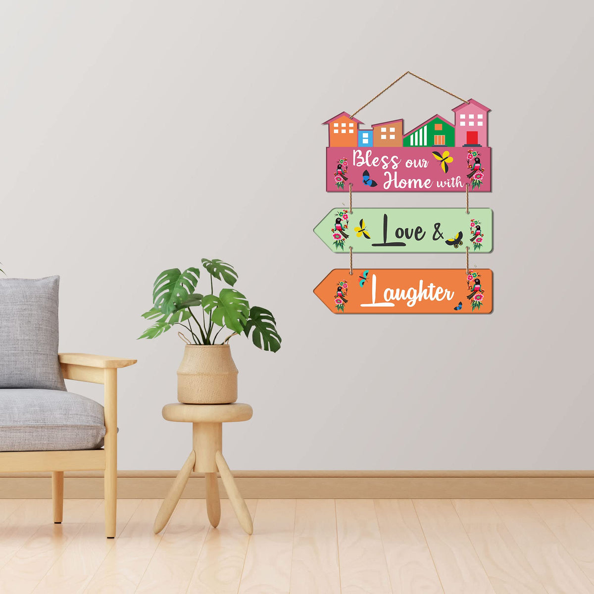 Artvibes Bless Our Home With Love & Laughter Decorative Wall Art MDF Wooden Wall Hanger for Living Room | Quotes Decor Item | Home Quotes Wall Hanging | Modern Decor Items | Wall Poster (WH_5809N)