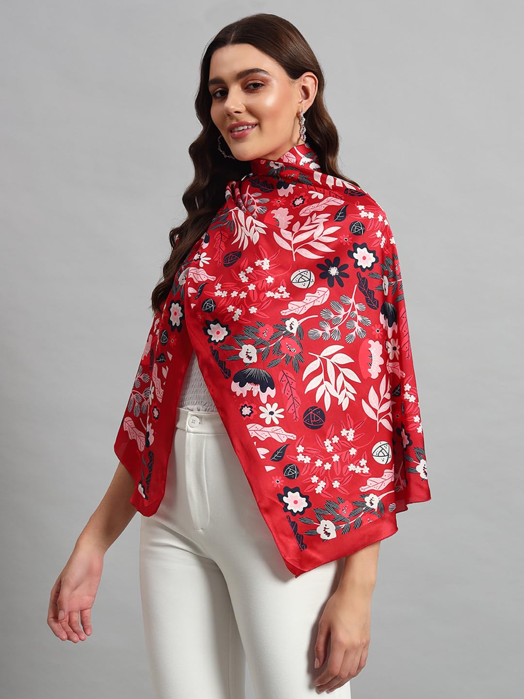 Ravaiyaa - Attitude is everything Women Lightweight Printed 100% Satin Silk Scarf Stoles Breathable Neckerchief Head Beach Wrap Scarves (Red White Floral, 70 X 20 Inch), Female