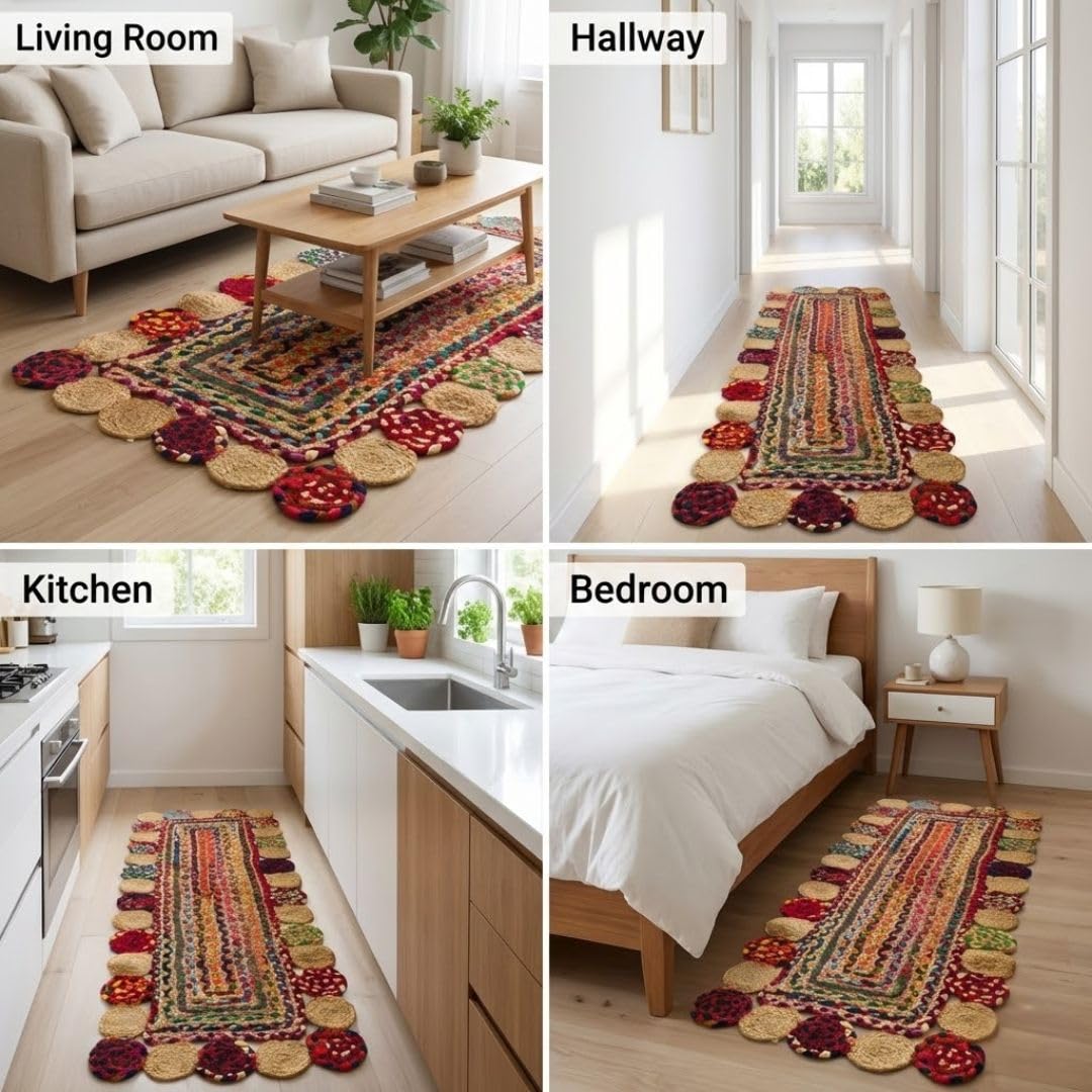 ATRANGI STUDIO Rectangle Jute Rug | Handwoven Braided Design Mat | Rectangular Floor Rug for Living Room, Bedroom, Reading Corner | Boho Home Decor | 20x55 inch, Multicolour