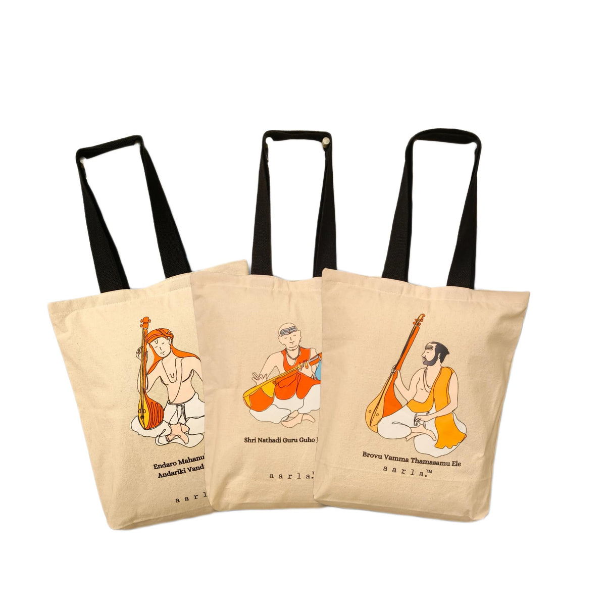 Aarla. Tote Bag Trinity Totes “Carry the Composers” | Carnatic Music Inspired Cotton Tote | Reusable Eco-Friendly Shopping & Gift Bag