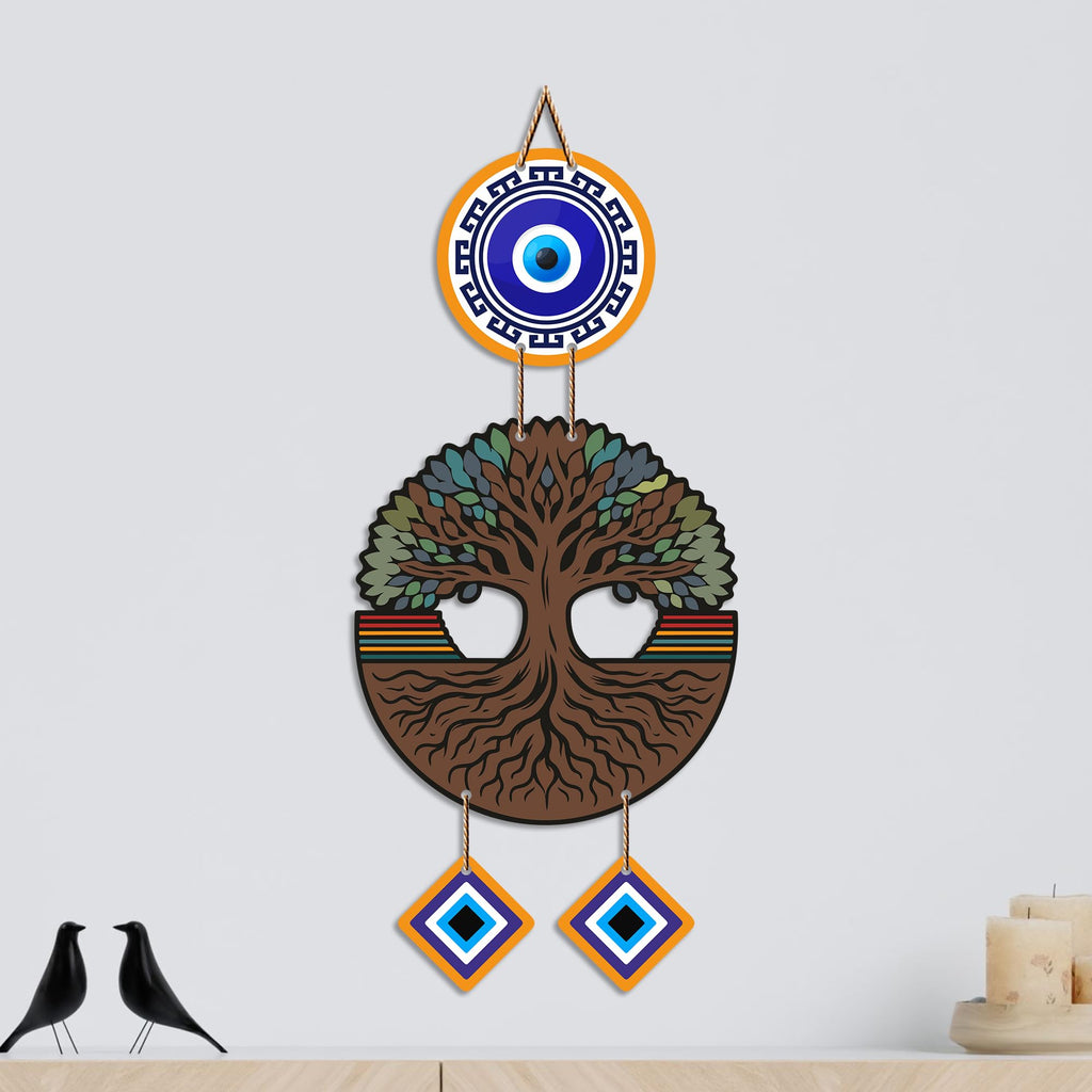 Artvibes Wooden Style Tree of Life Evil Eye Wall Decor for Main Door Entrance | Nazar Suraksha Hanging for Home Office Living Room | Good Luck Decorative Gift (WH_85123N)