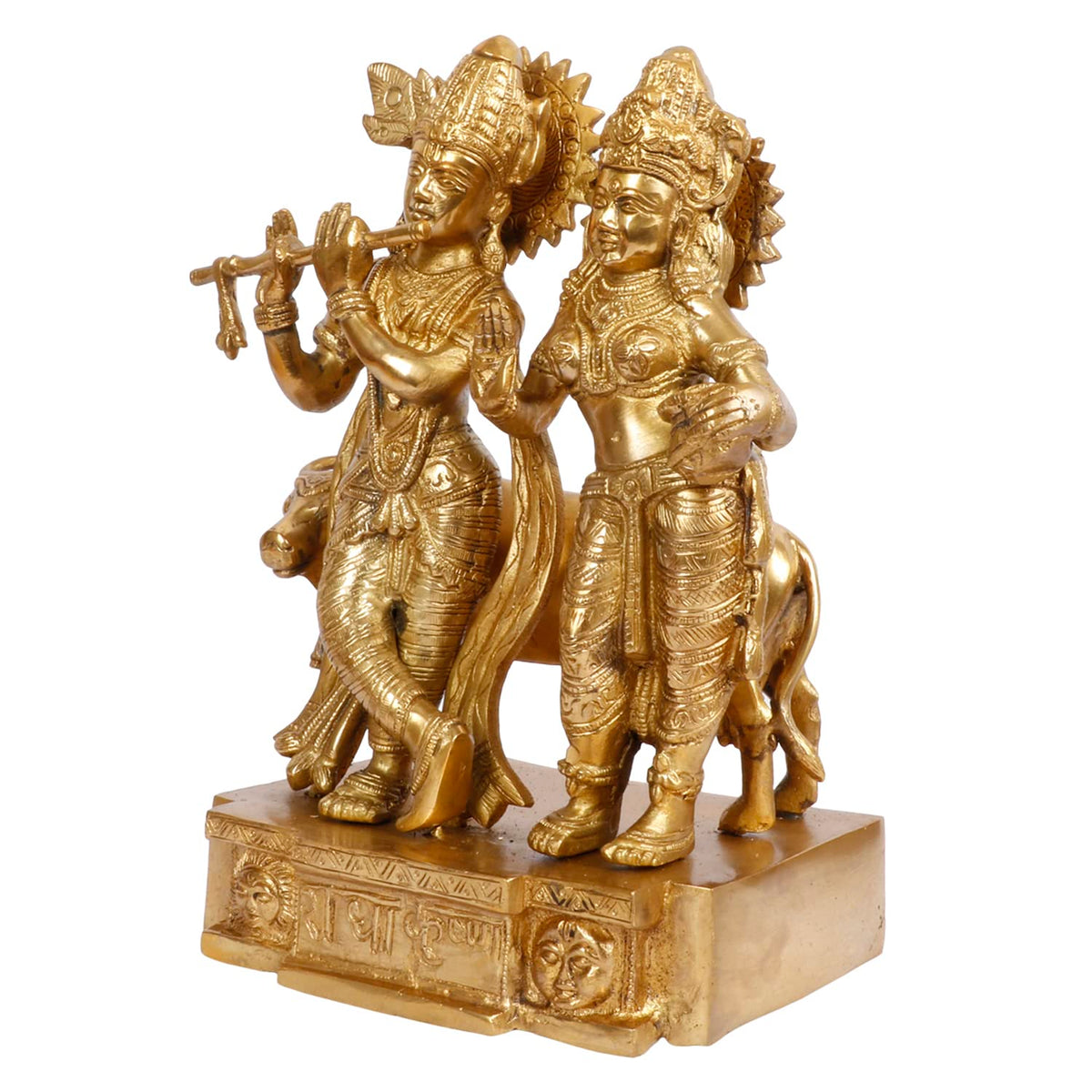 ARTVARKO Brass Radha Krishna with Cow Standing Playing Flute Statue for Home Mandir Pooja Krishan Ji Murti Temple Puja Office Home Décor Showpiece Gift 11.5 Inch.