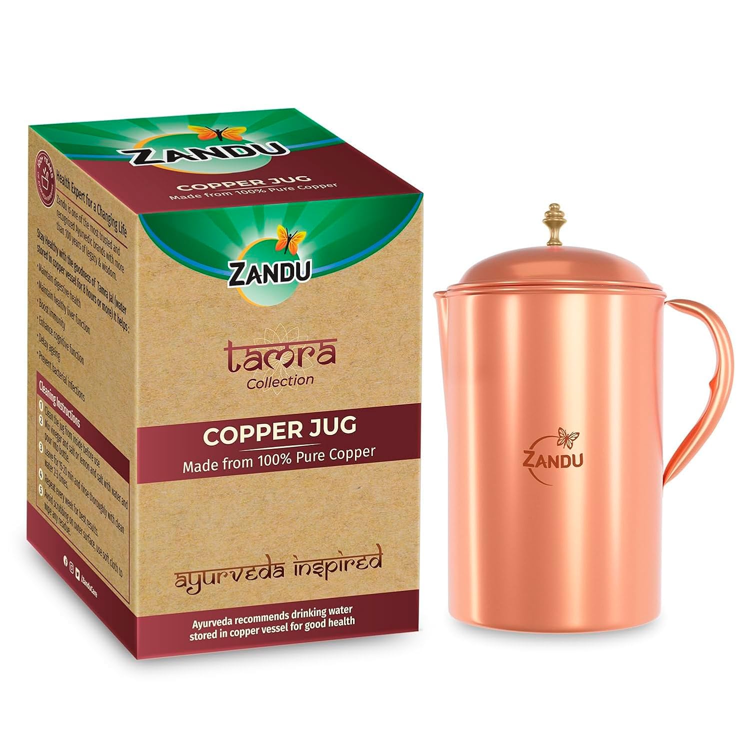 Zandu Copper Jug (2 L): Ayurveda Inspired | 100% Pure Copper | Copper Infused Water | Supports Digestive & Liver Health | Boosts Immunity | Useful in Promoting Overall Health