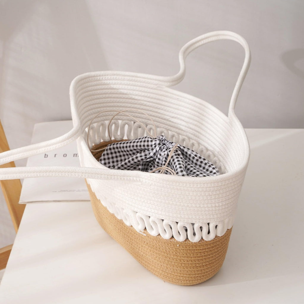 AIESY Cotton Rope Tote Bag for Women | Handmade Woven Shoulder Handbag | Lightweight Shopping Bag | Beach Bag | Daily Casual Travel Purse | Beige & White