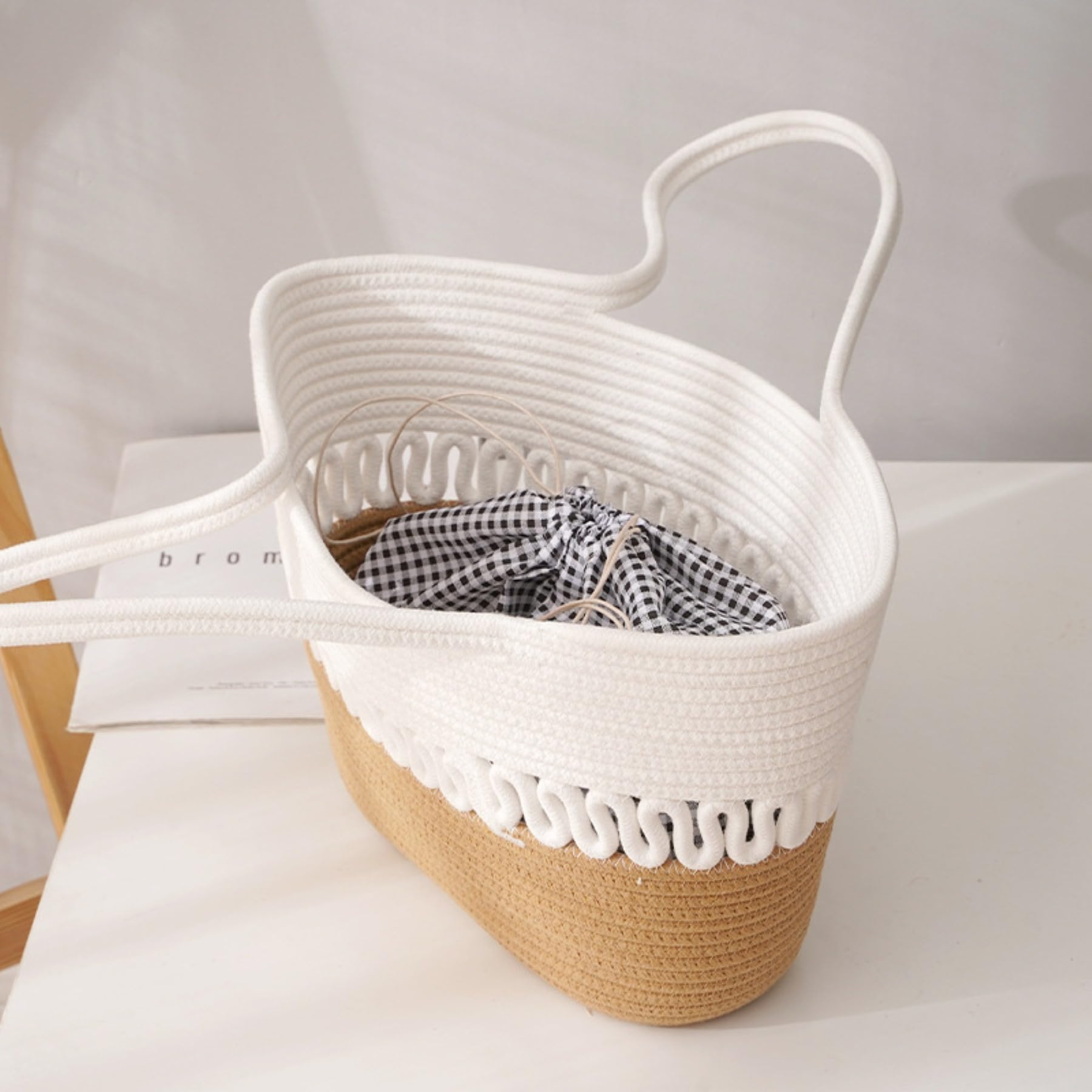 AIESY Cotton Rope Tote Bag for Women | Handmade Woven Shoulder Handbag | Lightweight Shopping Bag | Beach Bag | Daily Casual Travel Purse | Beige & White