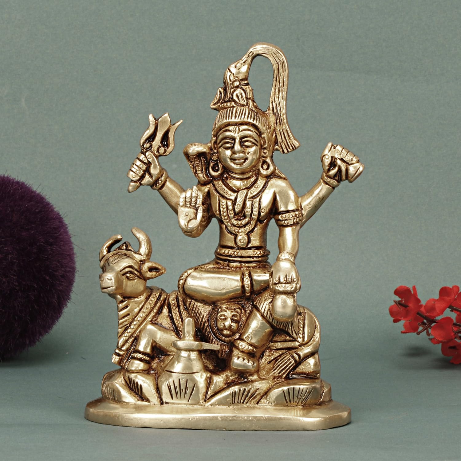 ARTVARKO Brass Lord Shiva Shiv Murti Idol Bhole Nath with Nandi Shivling Statue Home Mandir Puja Temple Gift Gold Color 5.5 Inch