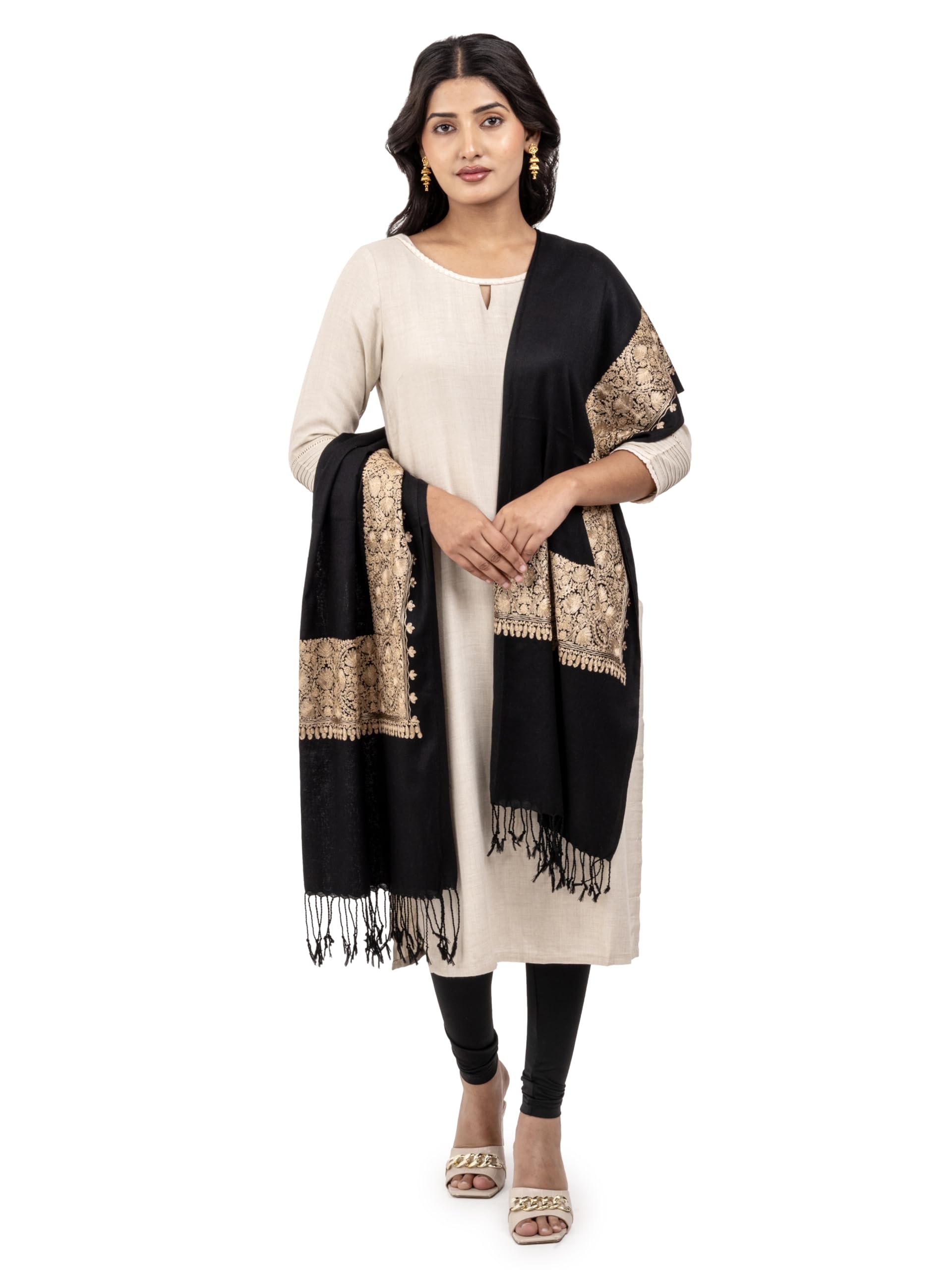 Naureen Women Pashmina Blend Stole with Intricate Floral Embroidery,Warm and Soft, 28x80 inch