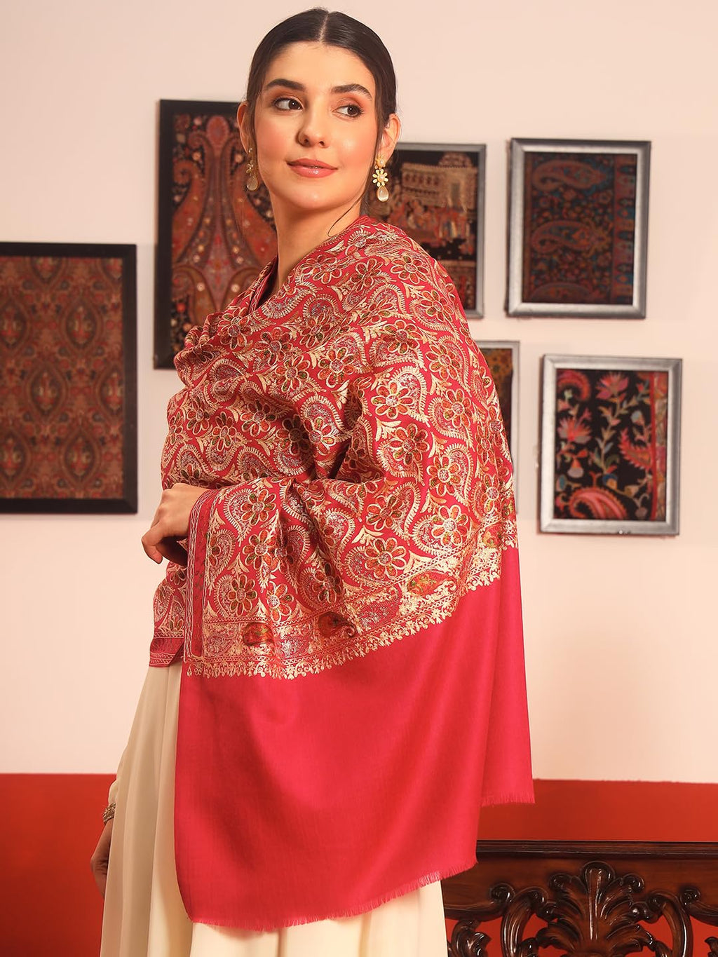 Pashmoda Women Kashish Fine Wool Nalki Embroidered Stole (Size : 28x80in, 71X203cm) EMST01