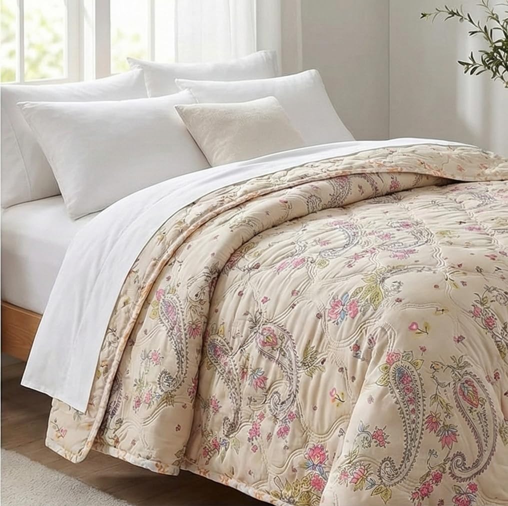Lightweight AC Blanket for Single Bed Or Double Bed - Breathable Reversible Comforter for Summer Soft Microfiber All-Season Quilt for Mild Winter (Curry Flower Design, Double Bed) Kafalo
