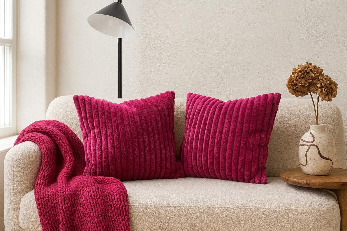AWARD VELVETS Premium Faux Rabbit Fur Plush Luxury Soft Fluffy Striped Decorative Throw Pillow/Cushion Covers for Sofa, Couch, Living Room - (Dark Pink, 16 x 16 inch) Set of 1