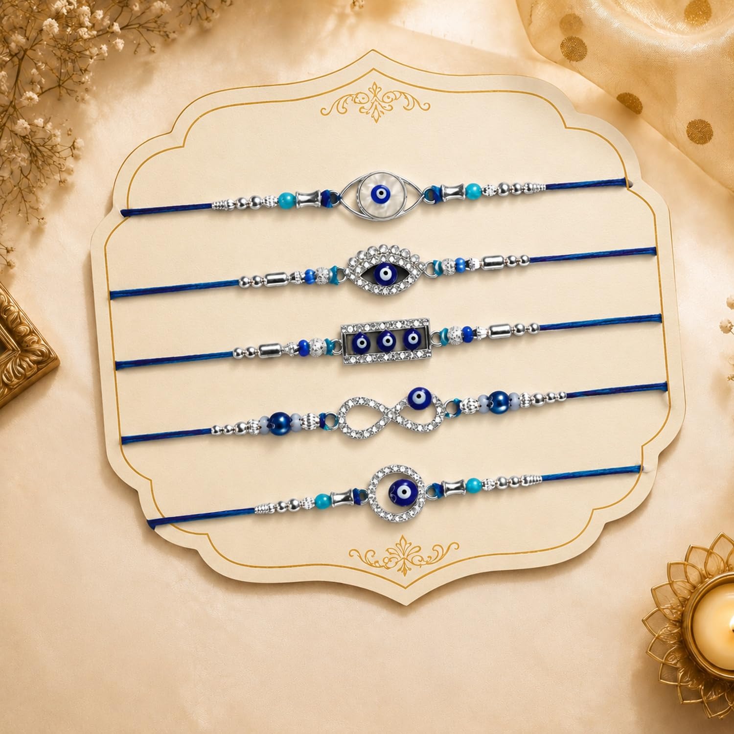 Oblivion 5 Fancy Rakhi Set for Bhaiya, Assorted Handmade Threads with Roli Tikka, Silver Color Pooja Coin & Greeting Card | Multicolor Beads Design, Rakshabandhan Festive Gift Combo, Pack of 8