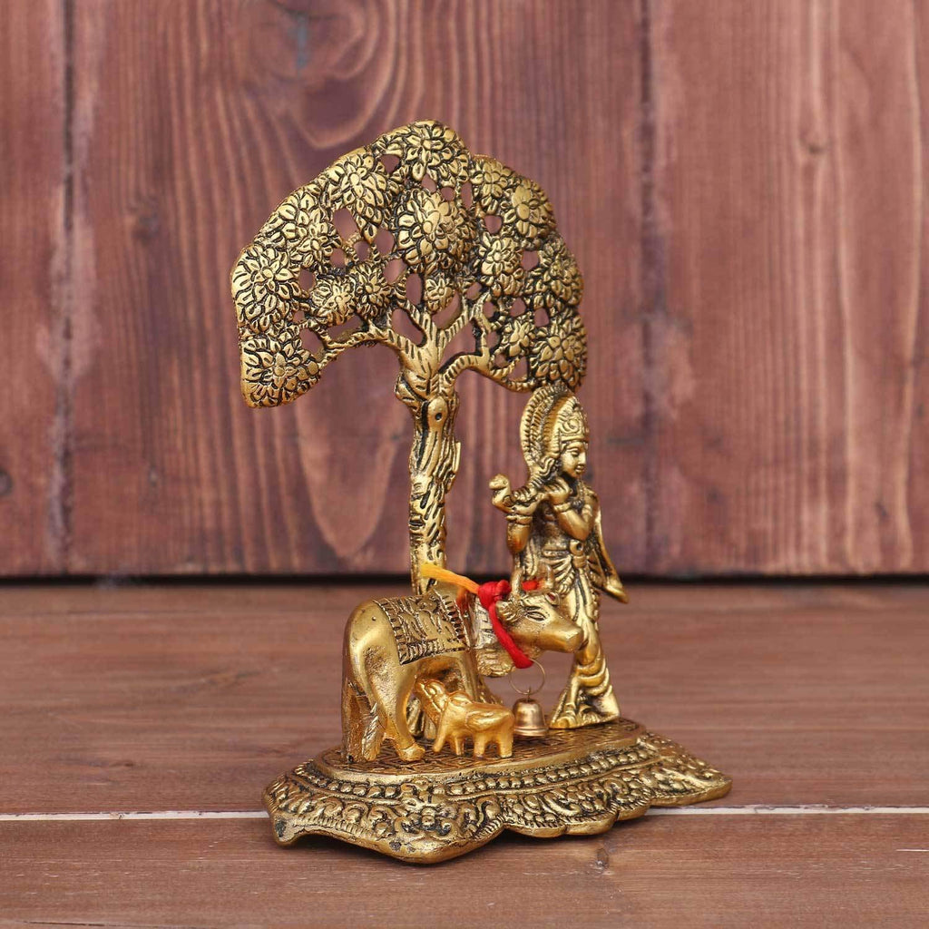 KridayKraft Kamdhenu Cow with Krishna Standing Under Tree Plying Flute Metal Statue,Krishna Murti Idol for Pooja & Decor Your Home,Office,Showpiece Figurines,Religious Idol Gift Article...