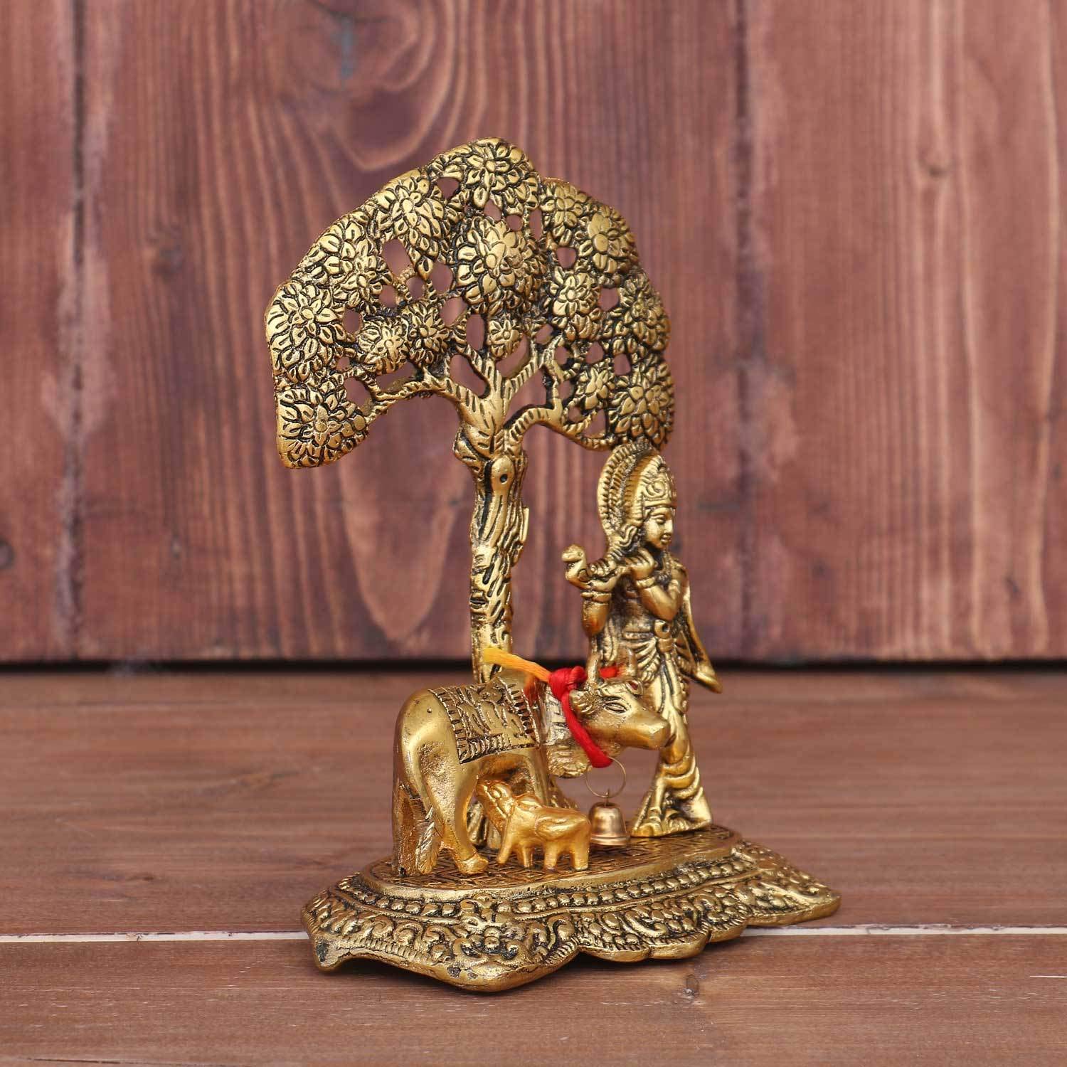 KridayKraft Kamdhenu Cow with Krishna Standing Under Tree Plying Flute Metal Statue,Krishna Murti Idol for Pooja & Decor Your Home,Office,Showpiece Figurines,Religious Idol Gift Article...
