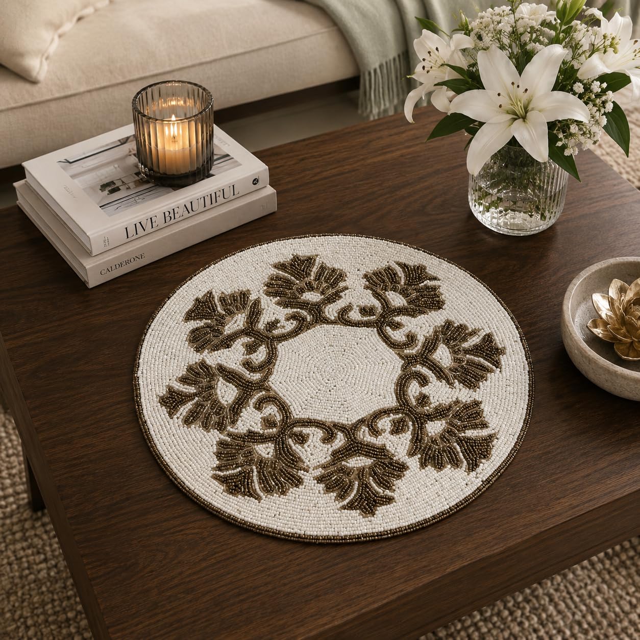 MFU - Made For You Round Beaded Table Placemat 14 Inches | Handmade Decorative Dining Mat | Charger Plate for Dining Table, Wedding, Party & Festive Decoration (Pack of 1) Kafalo
