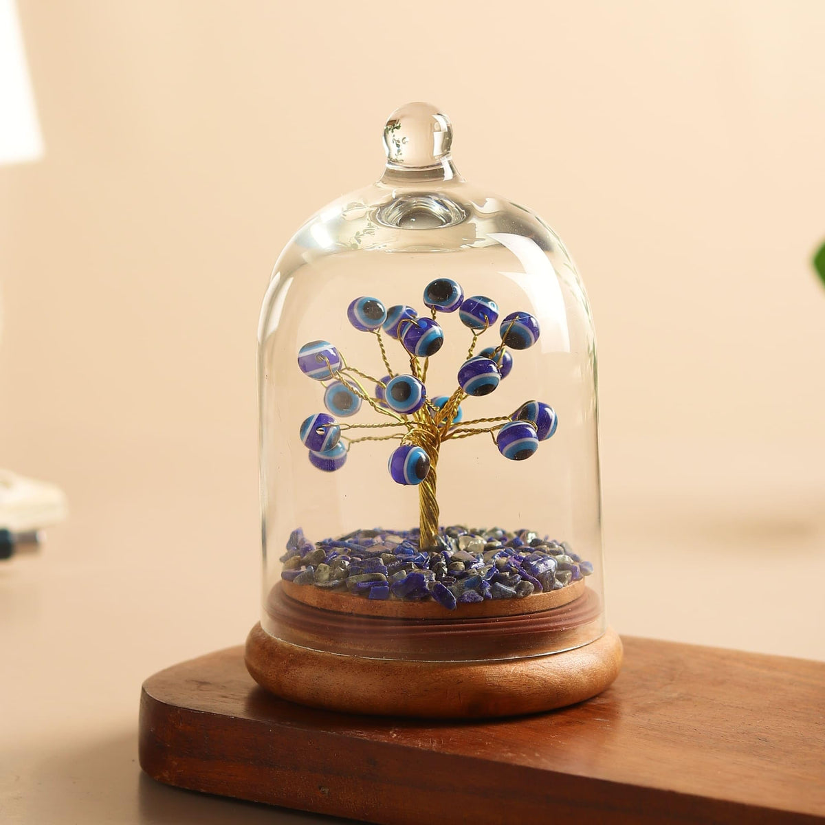 Habere India-All the Cultures Fabricating India Evil Eye Feng Shui Crystal Tree with Openable Glass Dome | Good Luck & Protection Tree | Decorative Showpiece for Home & Office (L8 x W8 x H12 cm)