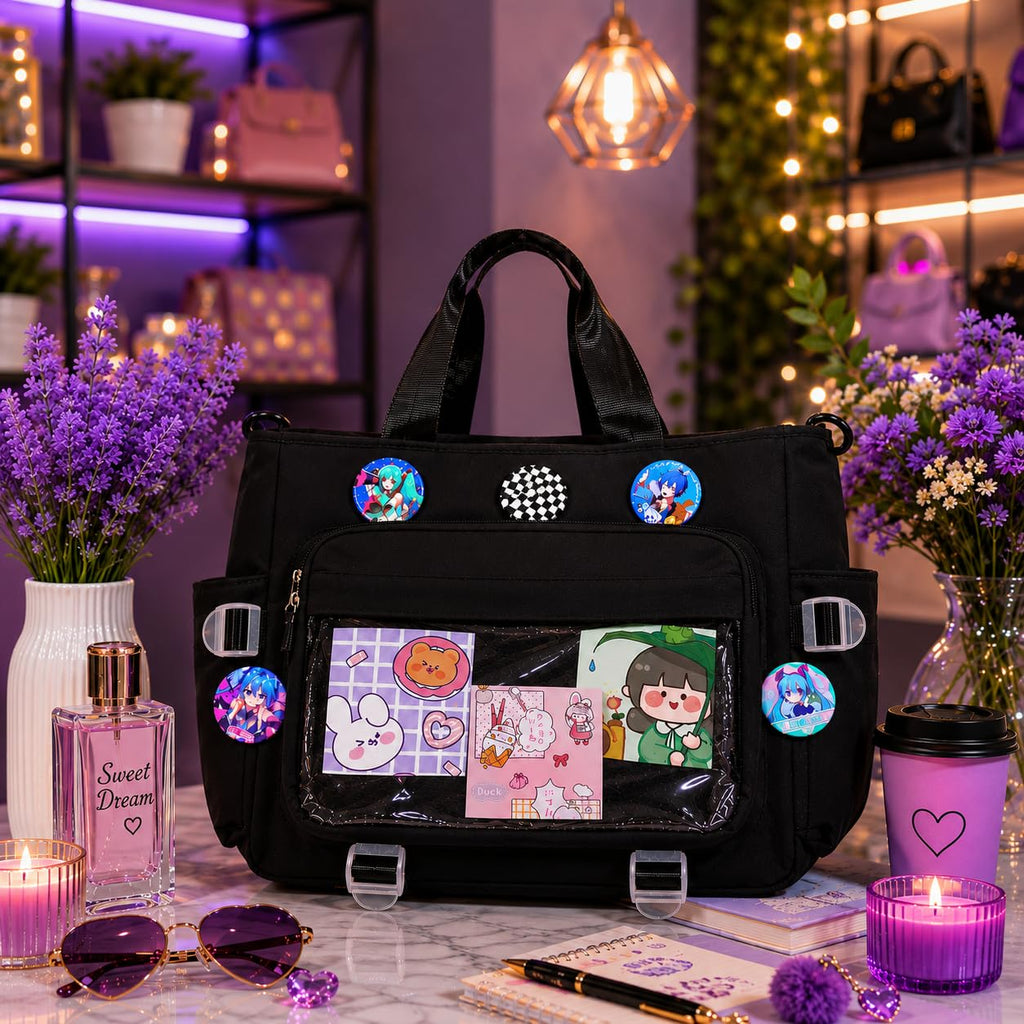 YUNICRON MAX Ita Tote Bag with Clear Window Pocket, Black Nylon
