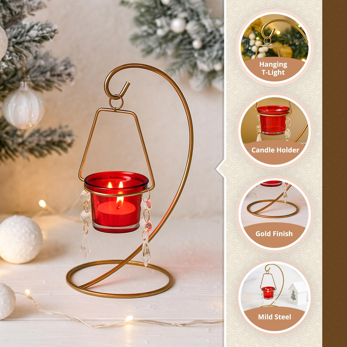 MARKET 99 Hanging T-Light Holder | Gold Metal Spiral S-Shape with Crystal Moon Design | Elegant Tealight Candle Holder for Home, Xmas & Christmas Décor, Balcony, Living Room & Festive Decoration