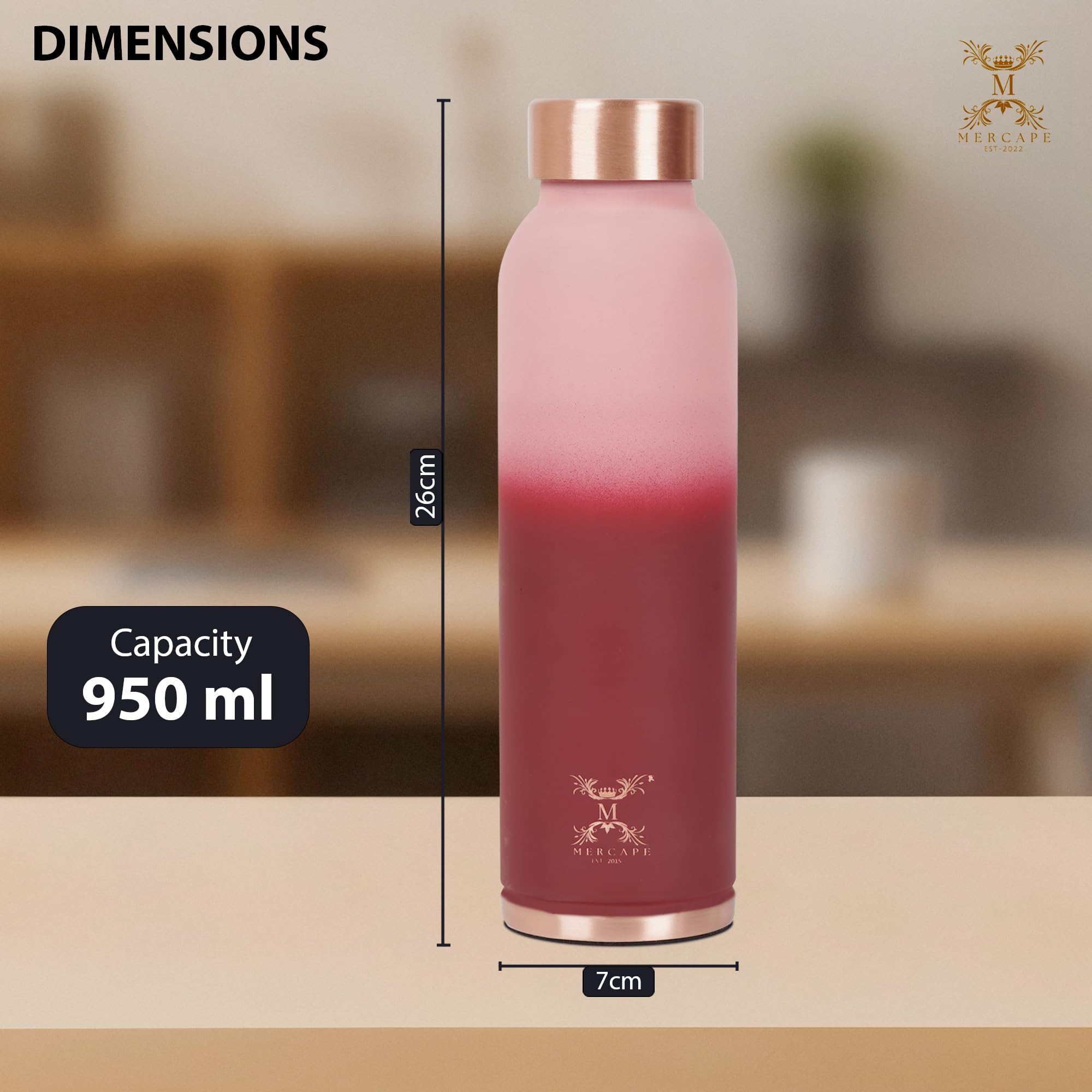 MERCAPE Pure Copper Color Water Bottle 950 ml | Matte Finish Reusable Metal Bottle with Leak-Resistant Cap | Suitable for Home, Office & Travel (Blush Pink Gradient)