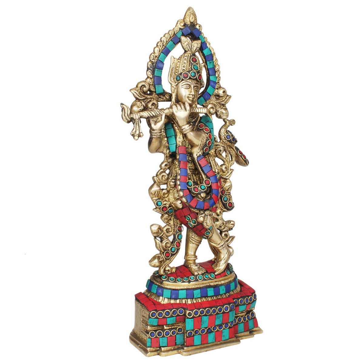 SVARUP Brass Lord Krishna Statue Krishan Playing Flute Home Decor for Living Room Pooja Gift Height 13 Inch