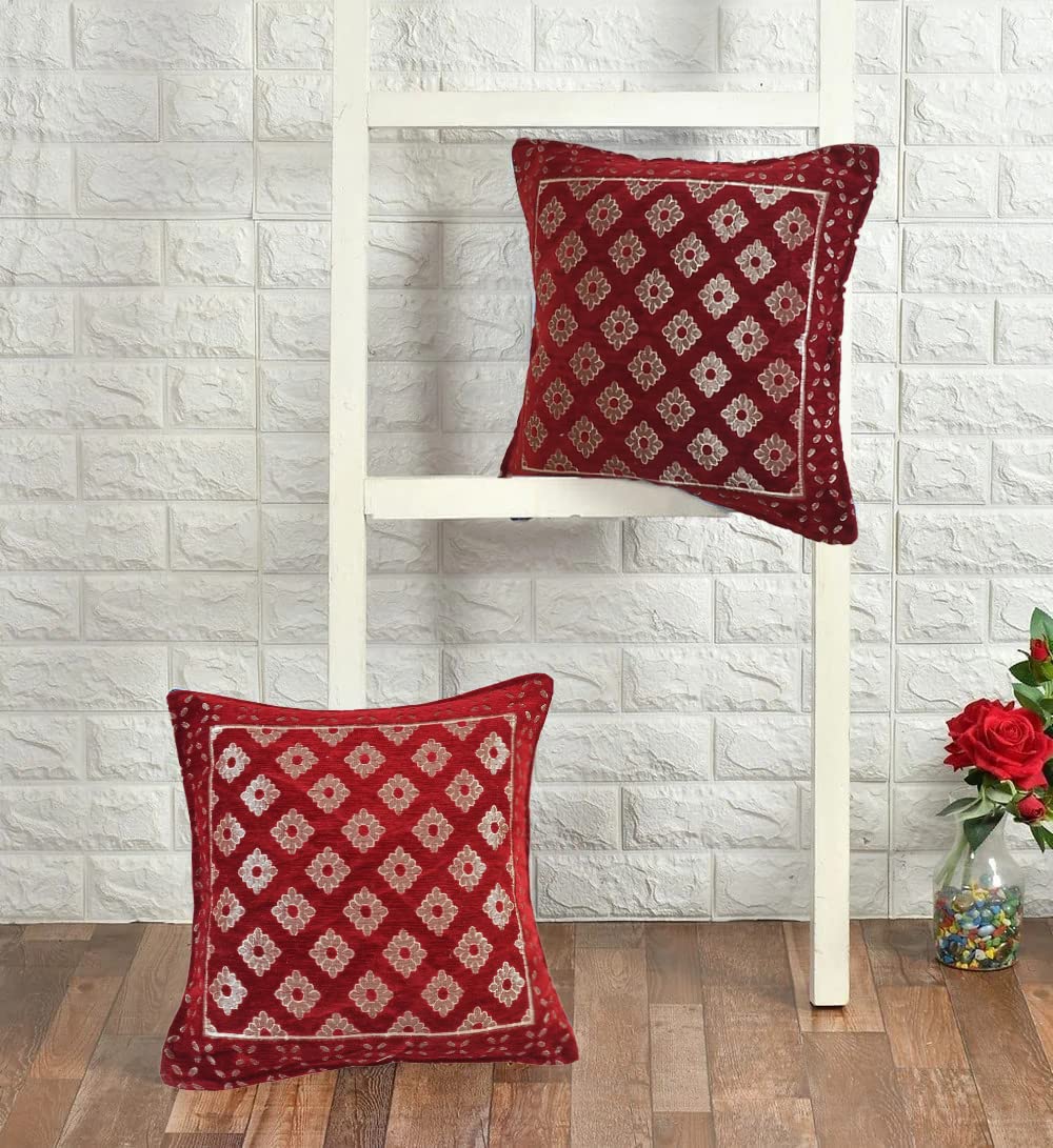 DECOMIZER Jacquard Geomteric Cushion Covers 16 Inch X 16 Inch Set Of 2 Ethnic Motifs 240 TC Cushion Covers,Design- Diamond,Color- Maroon