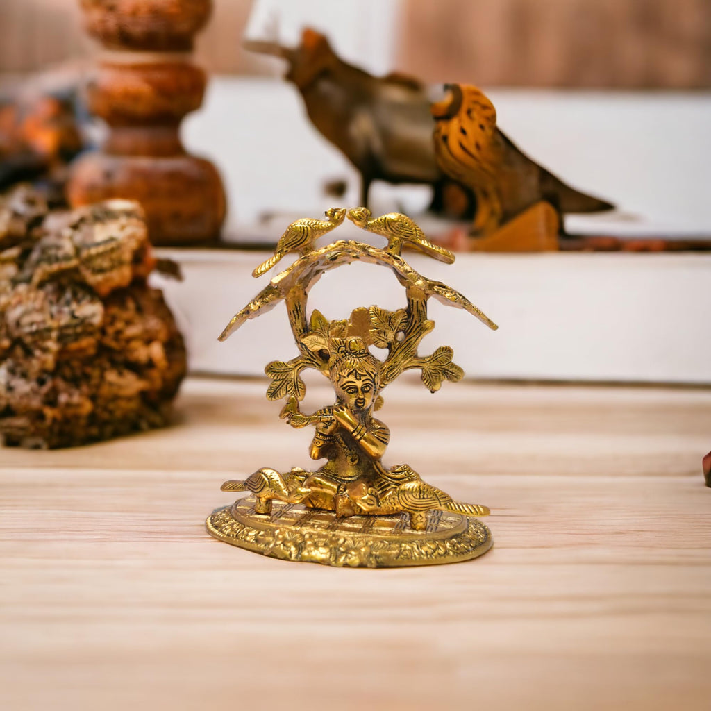 KridayKraft Shri Krishna Sitting Under Tree Laddu Gopal with Playing Flute Metal Statue Showpiece Figurines,Religious Idol Gift Article.