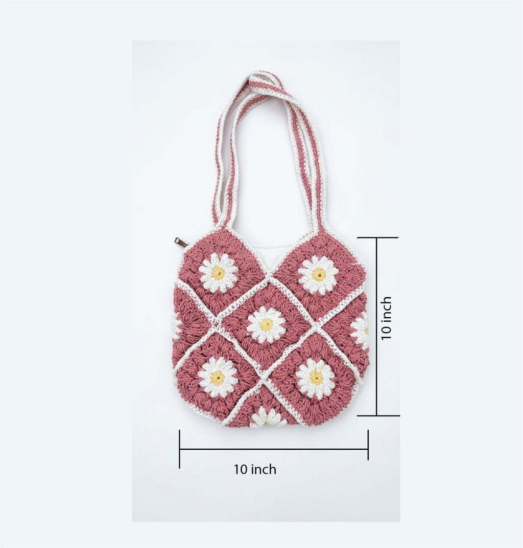 ATICUE Handcrafted Stylish Cotton Yarn Handknitted Crochet Bag with with Lining and Zipper Closure for Women (9x10 Inch) (Red)