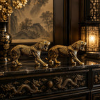 KridayKraft Golden Metal Antique Tiger 2 Pcs Set/Jaguar/Panther/Sher Figurine Table Top Decorative,Feng Shui & Vanstu,Animal Showpiece Figurines. Set of 2 pcs
