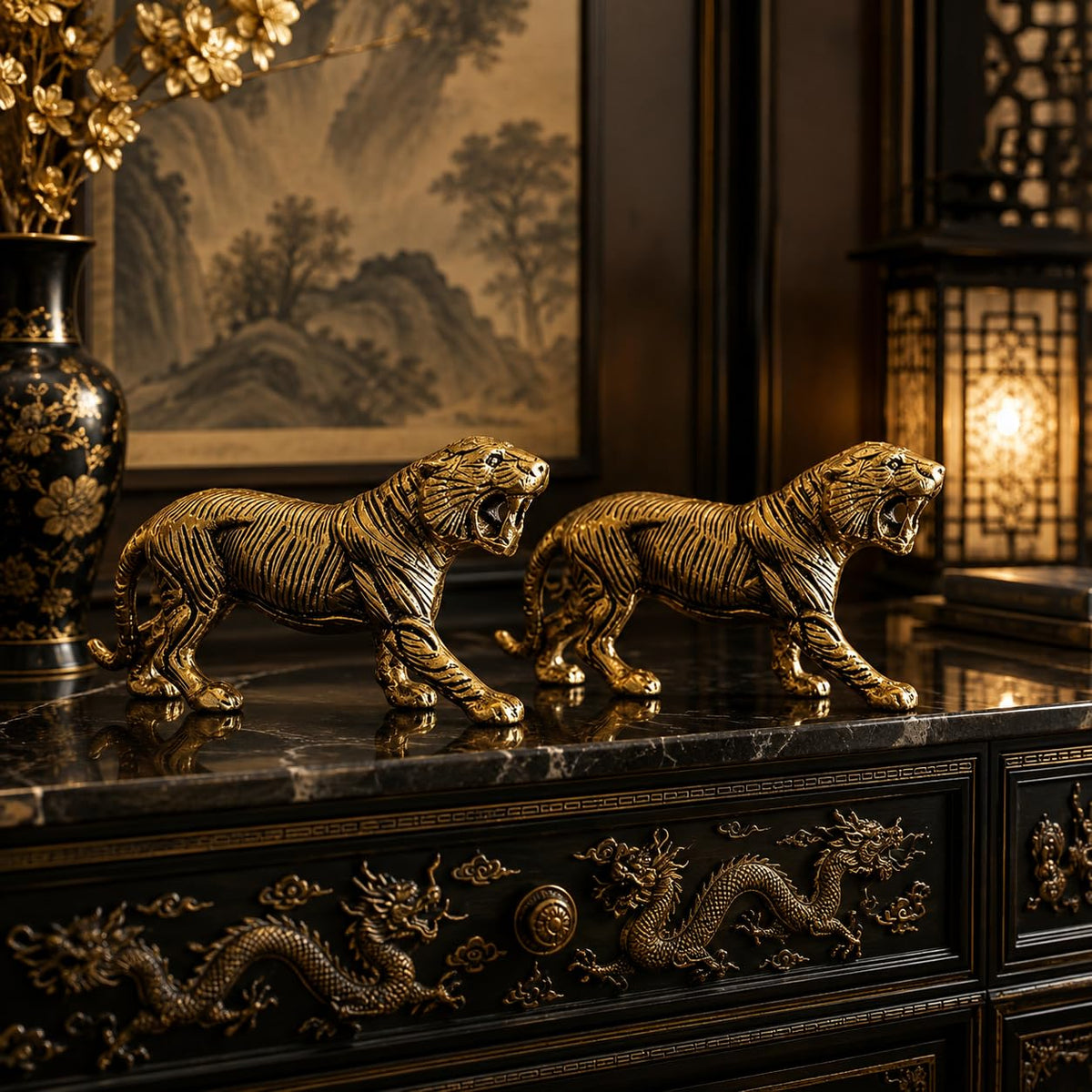 KridayKraft Golden Metal Antique Tiger 2 Pcs Set/Jaguar/Panther/Sher Figurine Table Top Decorative,Feng Shui & Vanstu,Animal Showpiece Figurines. Set of 2 pcs