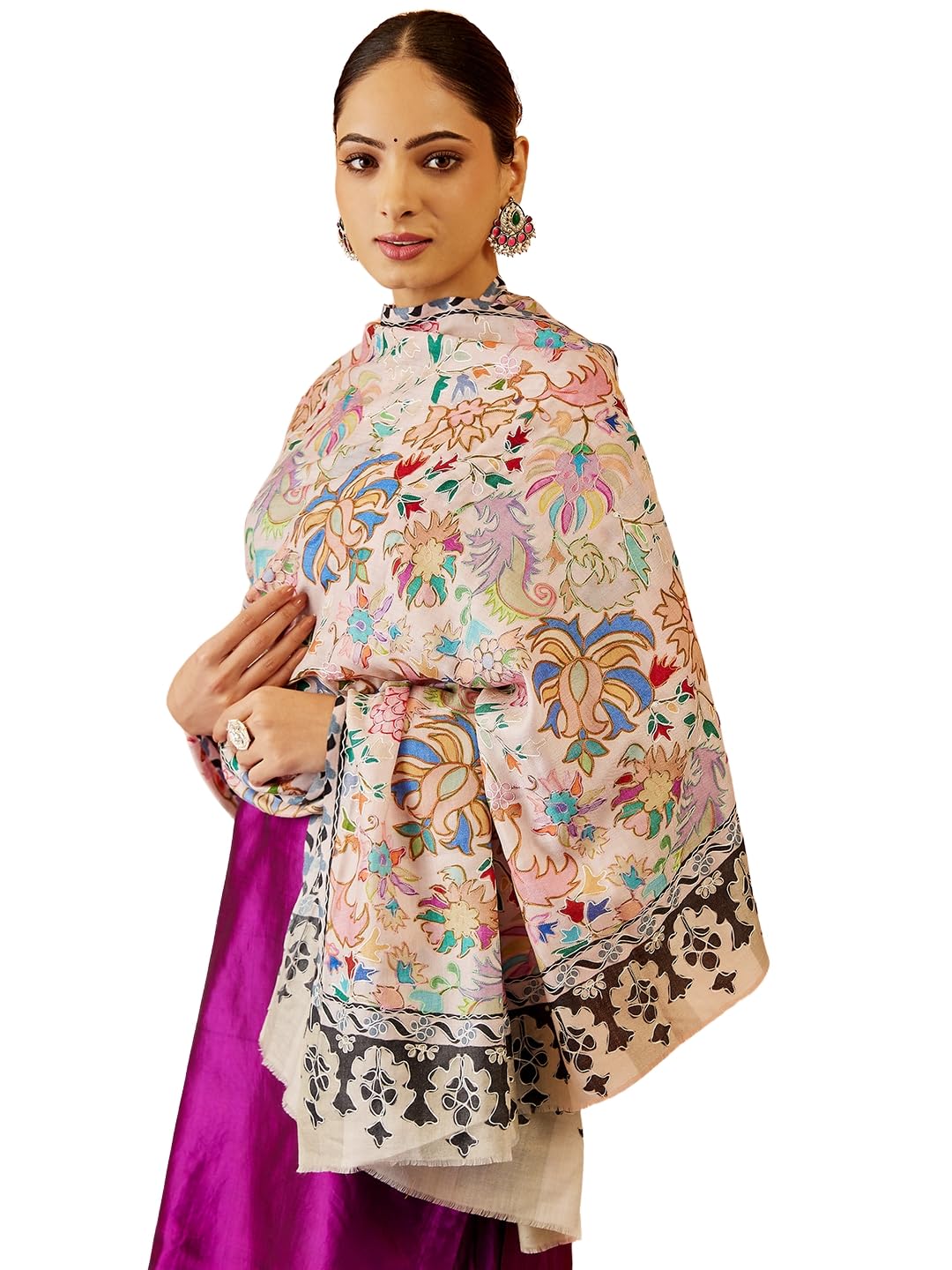 Pashmoda Women Shaheen Fine Wool Fabric Pashmina Kalamkari Embroidered Shawl, Stole and Wrap, Sustainable and Natural Fabric, Heritage Kashmiri Pashmina(Size 40x80)