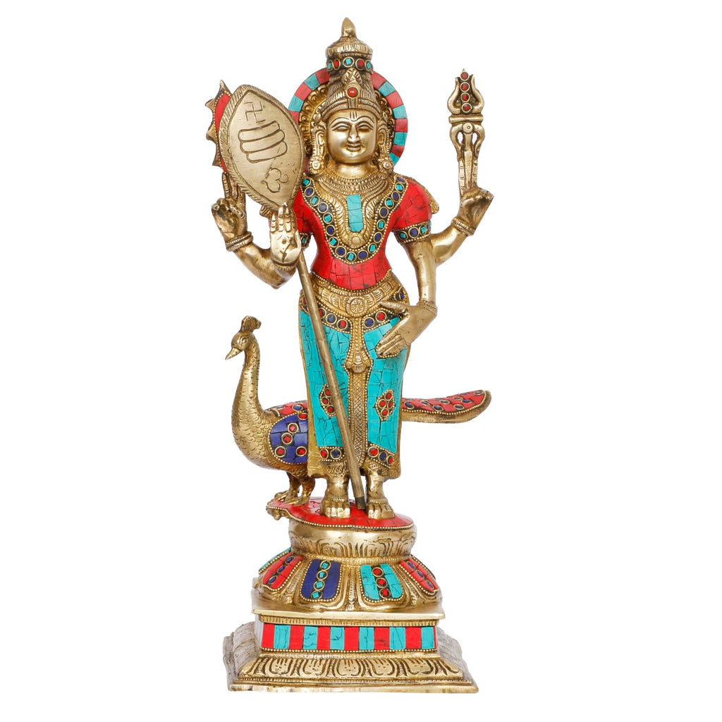 ARTVARKO Lord Murugan Kartikeya Murugana Kumaraswamy Karthikeya Multicolor Big Brass Standing Idol with Peacock Swaminatha Skanda Murti Swami Ji Subrahmanya Swamy Height 18 Inch