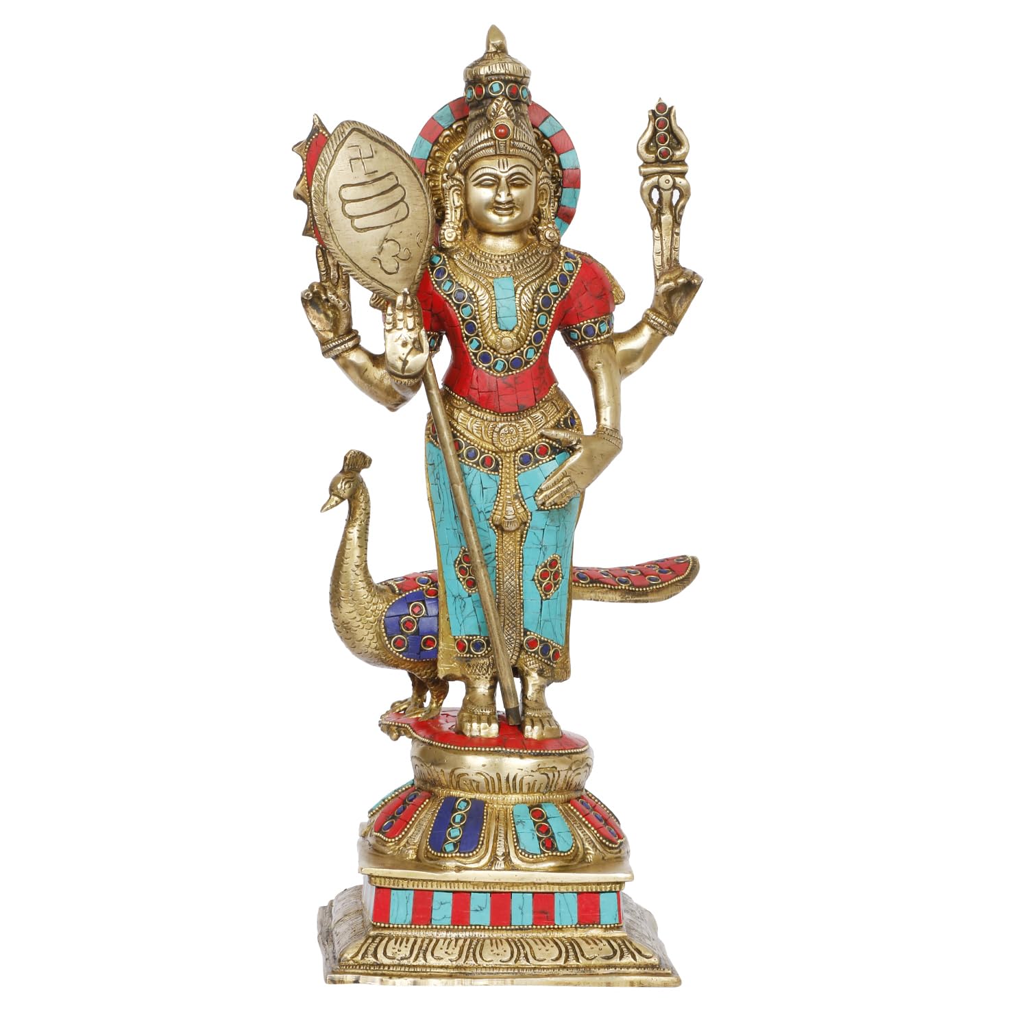 ARTVARKO Lord Murugan Kartikeya Murugana Kumaraswamy Karthikeya Multicolor Big Brass Standing Idol with Peacock Swaminatha Skanda Murti Swami Ji Subrahmanya Swamy Height 18 Inch