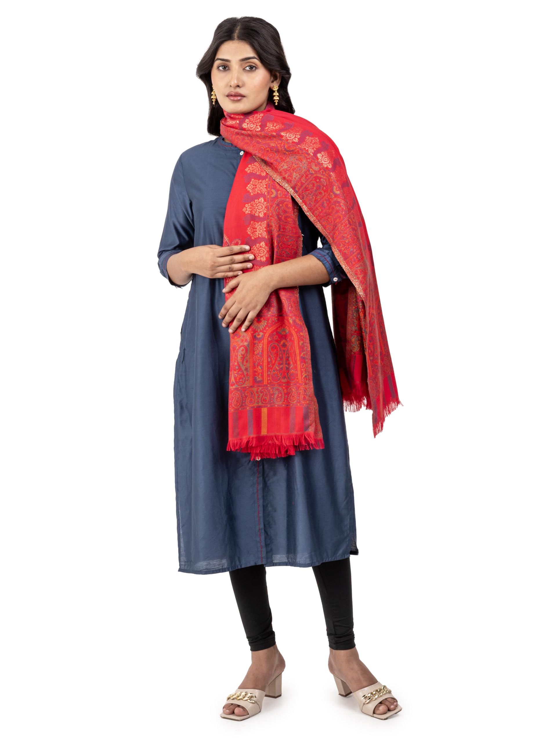 Naureen Women Faux Pashmina Kani Zari Shawl, Warm and Soft, 40x80 inch