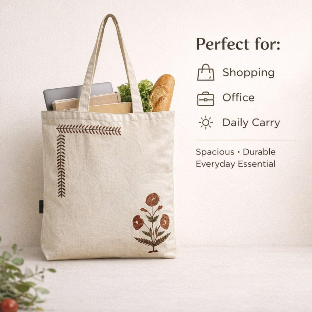 Neelkanth Imprint Hand Printed Floral Cotton Canvas Tote Bag, Eco Friendly Shoulder Handbag for Shopping, Office & Everyday Use