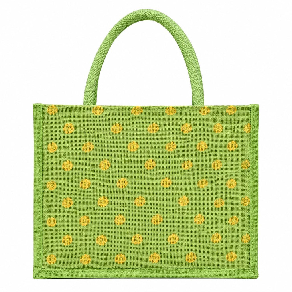 Srgaly Unisex-adult Printed Green Jute Bag For Lunch, Office, Grocery, Picnic, Tiffin, Shopping Hand Bag With Padded Cotton Handles