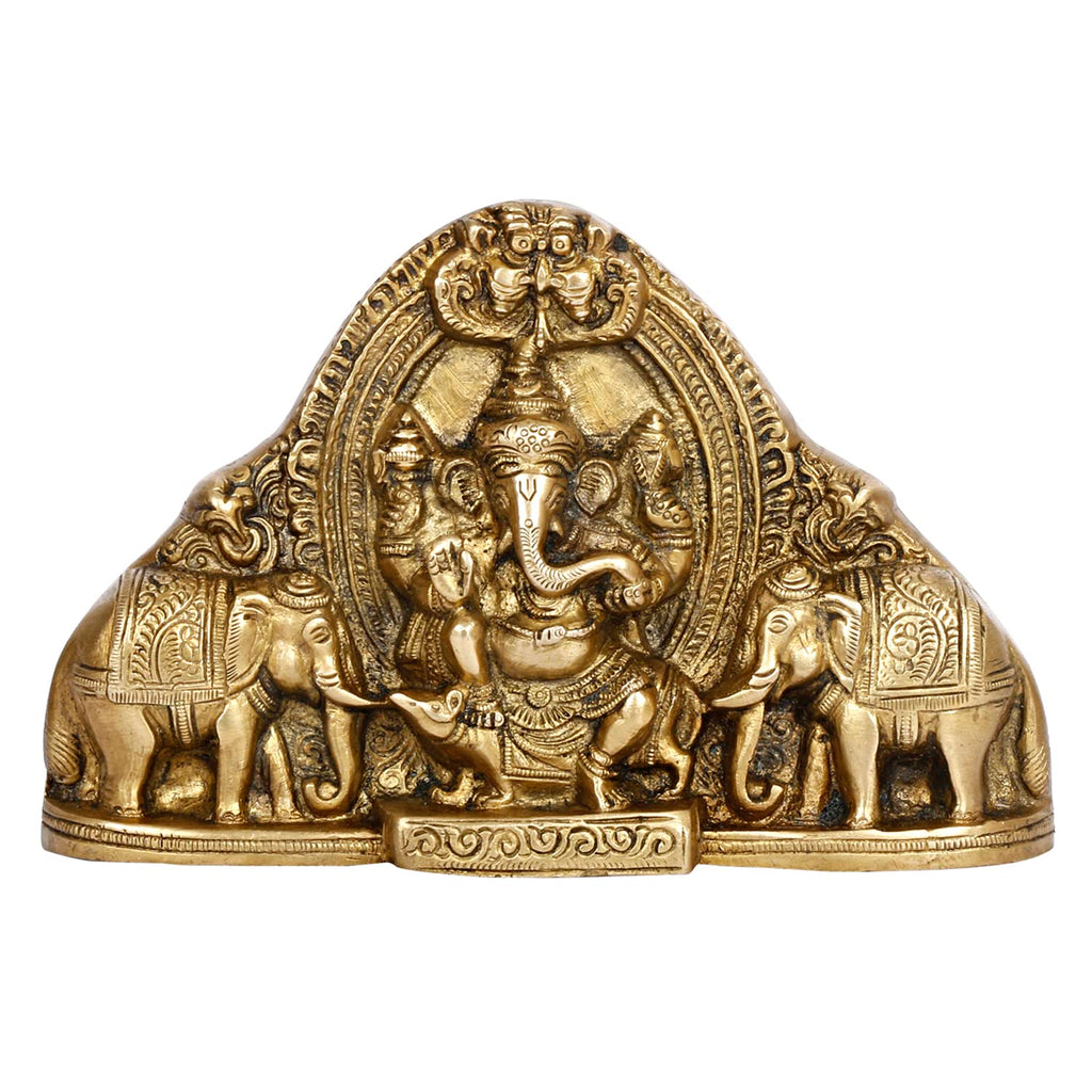 SVARUP Brass Gaja Ganesha Lord Ganesh Sitting on Rat with Elephants Idol Wall Hanging Table Top Murti for Home Entrance.