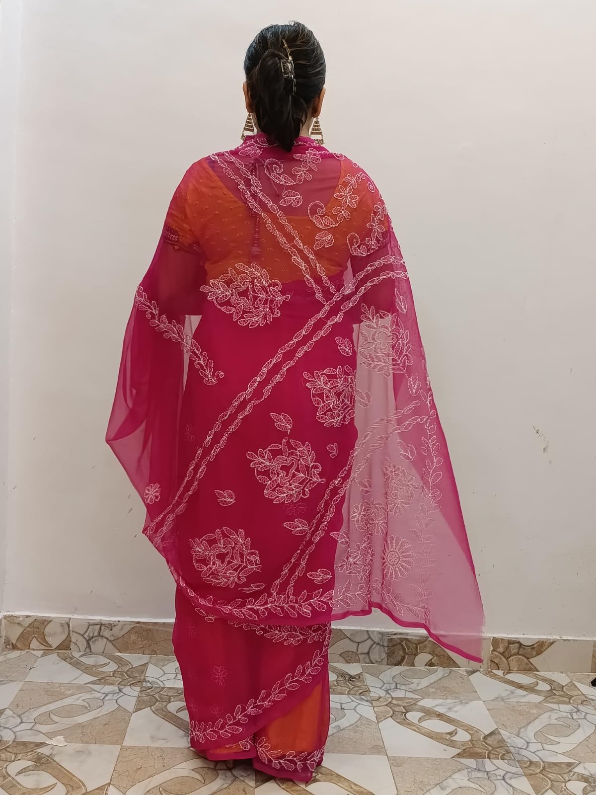 The Sufistore Designer Georgette Saree with White Chikankari Floral Work and Bell Sleeve Blouse | Elegant Traditional Saree for Women | Party, Wedding & Cultural Occasions (Pink)