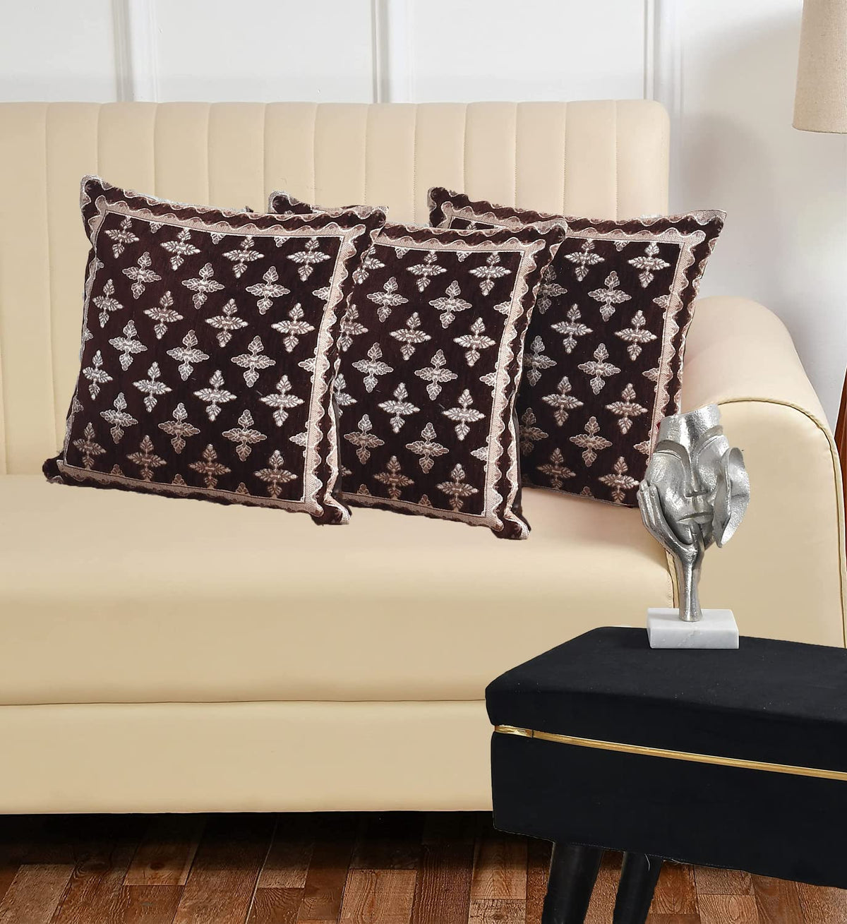 DECOMIZER Jacquard Geomteric Cushion Covers 24 inch x 24 inch Set of 3 Ethnic Motifs Cushion Covers,Design- Plus,Color- Coffee