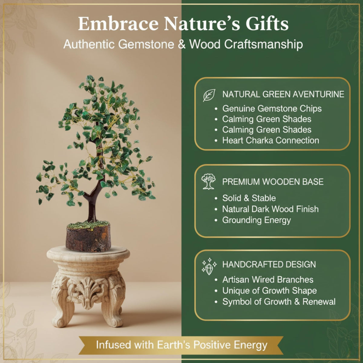 CALMINDS Green Aventurine Crystal Wooden Tree | Natural Luck & Prosperity Gemstone Bonsai with Wooden Base | Crystal Tree for Positive Energy | Good Luck Tree