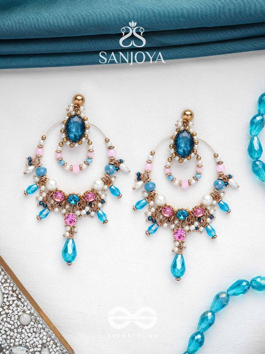 SANJOYA by EVERSTYLISH Embroidered Earrings for Women | Hoop Earrings with Stones, Beads, Pearls & Glass Drops | Lightweight Ethnic & Festive Jewelry for Weddings & Parties (Blue)