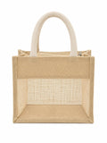Small Jute Tote Bag with Mesh Window Panel, Natural Beige, Rope Handles, Gift Bag (Brown) size - 10 * 8 * 5