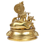 ARTVARKO Brass Krishna with Cow Playing Flute Sitting on Lotus Idol (Standard Size, Height 8.5 Inches)
