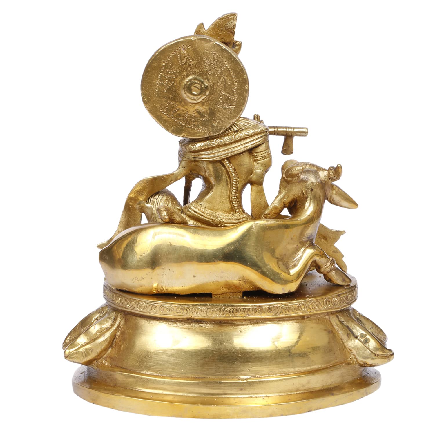 ARTVARKO Brass Krishna with Cow Playing Flute Sitting on Lotus Idol (Standard Size, Height 8.5 Inches)