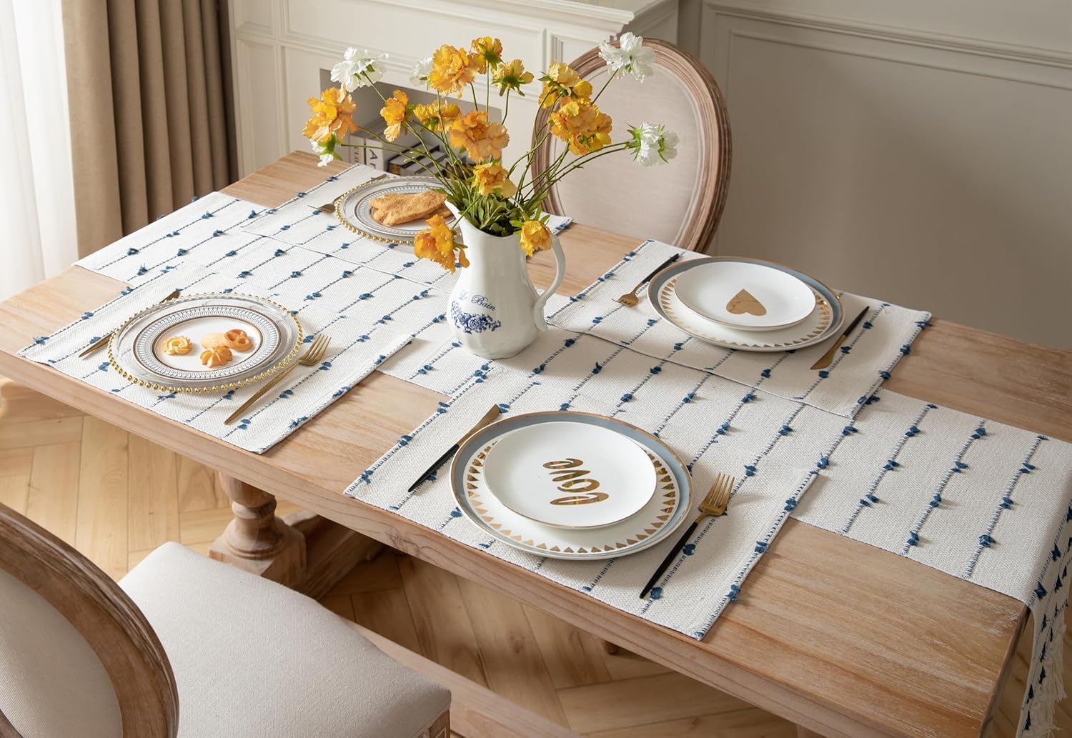ALSTONIA Handmade Natural Cotton Dining Table Placemats | Heat Resistant Dining Table Place Mats for Kitchen Coffee Center Table & Eating Areas (Blue & White, 6 Pcs Placemats with 1 Runner(14x72) Kafalo