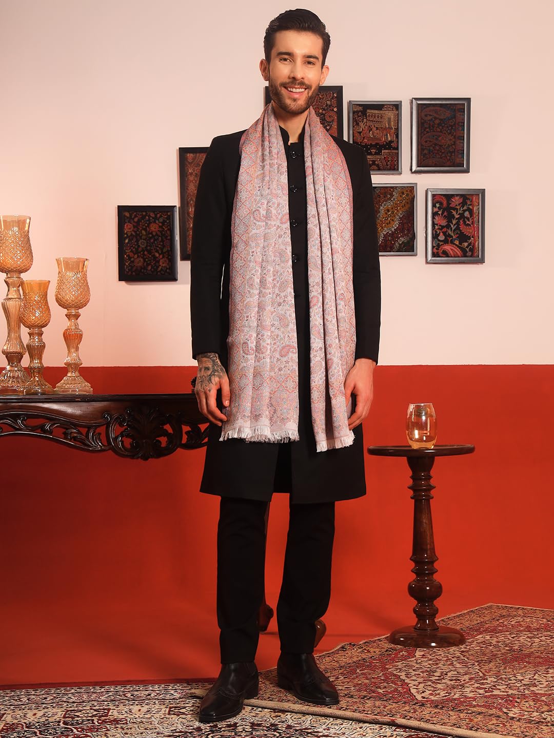 Pashmoda Men Chandni Kaani Stole, Authentic Kashmiri Luxury Pashmina Style Shawl, Stole, Small Size Gents Lohi, (Size 28x80 Inches,White Color) MAVST07